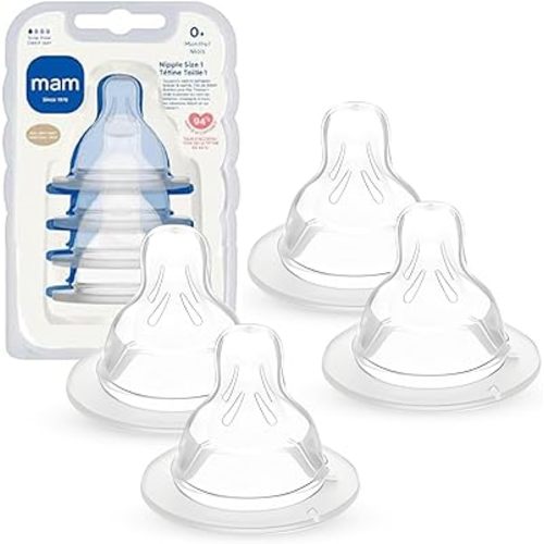 MAM Baby Bottle Nipples Slow Flow Size 1, for 0+ Month Newborn Babies, Skin Soft BPA Free Silicone, 94% Nipple Acceptance, Fits All MAM Bottles, Developed with Medical Experts, 4 Pack, Made in Europe