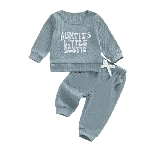 Aunties Bestie Baby Outfit Toddler Boy Long Sleeve Pullover Tops and Waffle Pants Set 2Pcs Infant Fall Winter Clothes