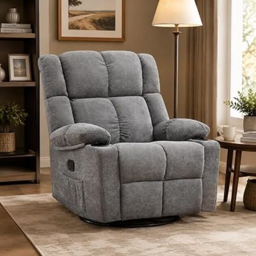 Swivel Rocker Recliner,Rocking Reclining Chair with Adjustable Headrest for Adults,Upholstered Fabric Swivel Recliner Chair for Bedroom,Living Room,Grey