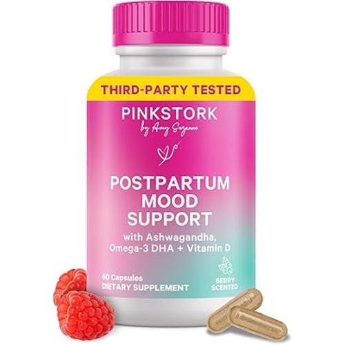 Pink Stork Postpartum Mood Support - Postnatal Hormone Balance for Women - Breastfeeding Friendly New Mom Essentials - Ashwagandha, Chamomile, & Vitamin D - Stress & Mood, 60 Capsules