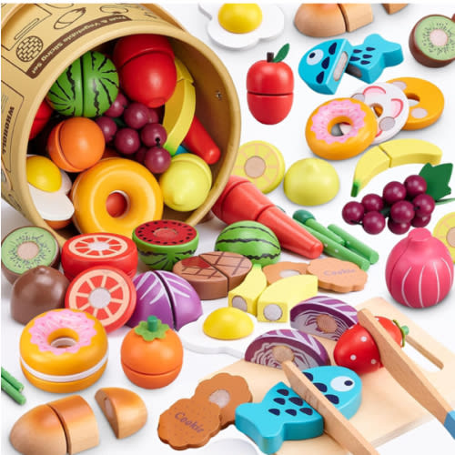45 Pcs Wooden Play Food for Kids Kitchen, Pretend Cutting Fruit Vegetable Toys with Storage Bucket, Montessori Gift for 3 4 5 6 Year Old Boys Girls