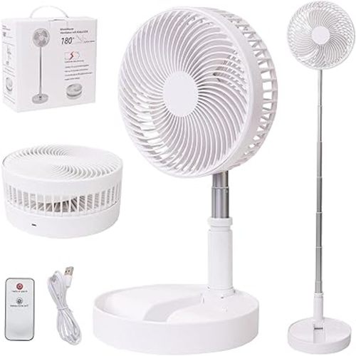 Portable Desk Fan,Foldable Fan Pedestal Stand Floor Fan with Remote Controller Adjustable Height from 14.2'' to 39'', 4 Speeds, 7200mAh Rechargeable Telescopic USB Charging