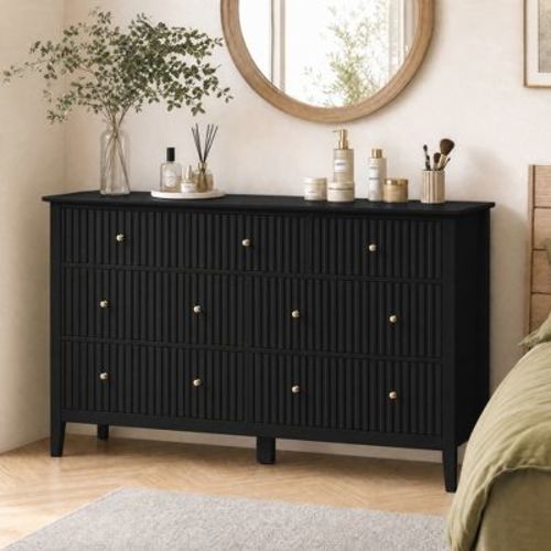 Heynemo Modern 7 Drawers Dresser 53.1" Wide Chests of Drawers w/ Fluted Panel Design Natural Texture for Bedroom, Living Room, Black