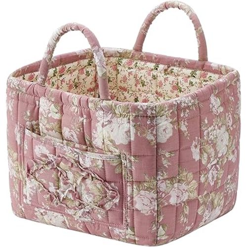 Fabric Baskets for Storage - Quilted Boho Floral Basket with Handles, Foldable Organizer for Home, Office, Clothes, Blankets, Books or Toys - 12'' x 10'' x 10''(Multi)