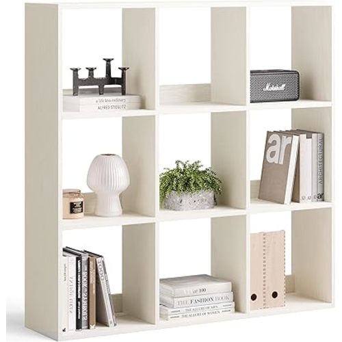 LINSY HOME Cube Storage Shelf, 3 Shelf Display Bookshelf with Storage, Open Freestanding 9 Cube Bookcase Small, White Wooden Bookshelf for Home Office, Bedroom, White Oak