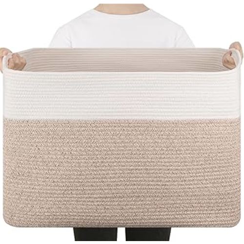 Extra Large Blanket Basket, Toy Basket Bin for Kids, Cotton Rope Woven Storage Basket for Living Room, Nursery, Baby Room Decorative Organizer, 24''×16''×15'', Brown & White