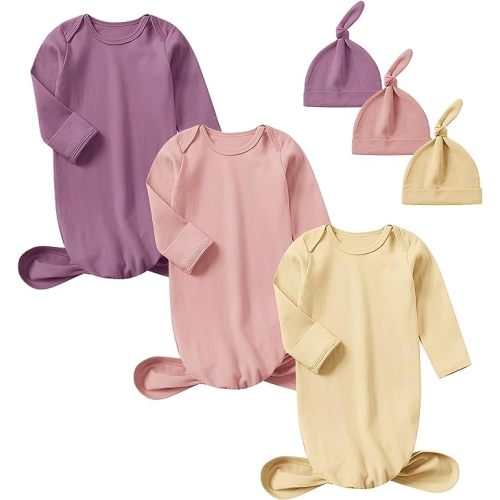 OPAWO Newborn Baby Knotted Gowns with Mitten Cuffs and Hat Baby Sleeper Gowns Coming Home Outfit for Baby Boy Girl 0-6 Months - Purple/Beige/Pink