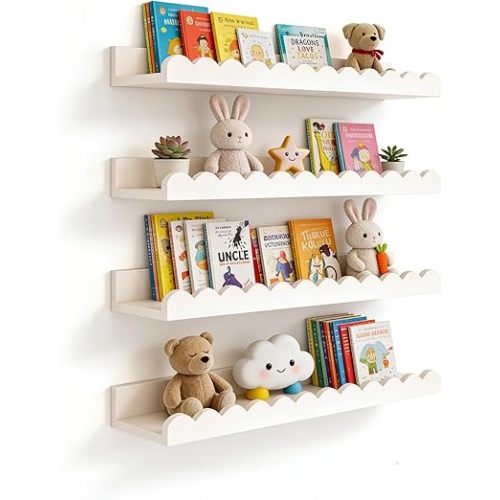 Scalloped Shelves for Nursery - Wall Book Shelves for Bedroom Kids, Nursery Bookshelf for Wall Set of 4, Floating Book Shelves Solid Wood,16 Inch, White