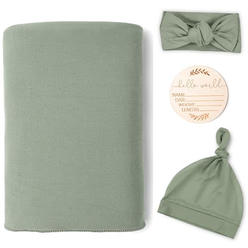 TANOFAR 4-Pack Newborn Swaddle Blanket for Baby Girls & Boys, Ultra Soft Receiving Blankets with Matching Headband and Beanie Set Baby Nursery Swaddle Wrap (Green)