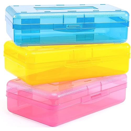 Sooez 3 Pack Pencil Case, Large Hard Pencil Box Bulk, Clear Crayon Box Marker Pen Organizer, Plastic Storage Container with Snap Lid, Stackable Art Craft Organizer Back to School Supplies, Colorful