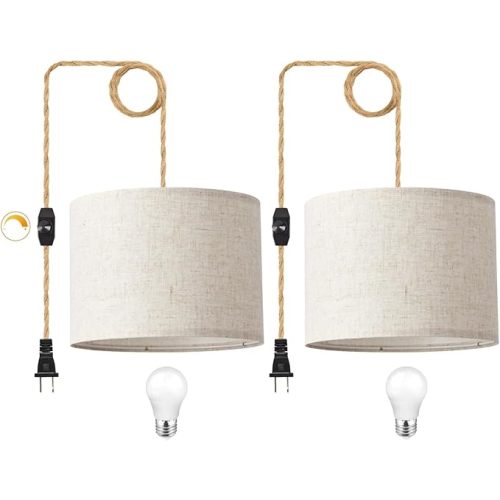 Plug in Pendant Light, Hanging Lights with Plug in Cord, Hanging Lamp with 15ft Hemp Rope, On/Off Switch, Beige Linen Shade, Light Fixture for Bedroom, Living Room, Dining Table 2 Pack