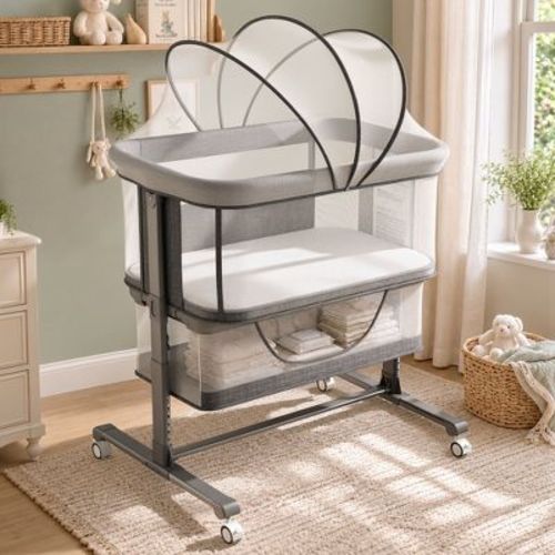 TODECARE 3-in-1 Convertible Baby Bassinet Bedside Sleeper with Adjustable Height, Wheels & Mosquito Net, Gray
