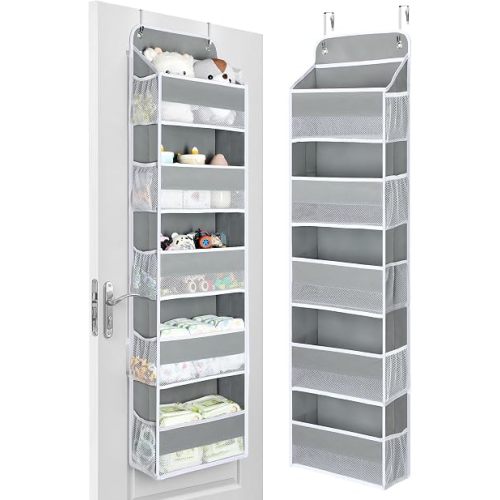 Yecaye 1 Pc Over the Door Organizer with 5 Bins 10 Side Pockets, 44lbs Load Hanging Bathroom and Bedroom Organizer, behind the Door Hanging Organizers for Nursery Newborn Baby Essential Stuff Grey