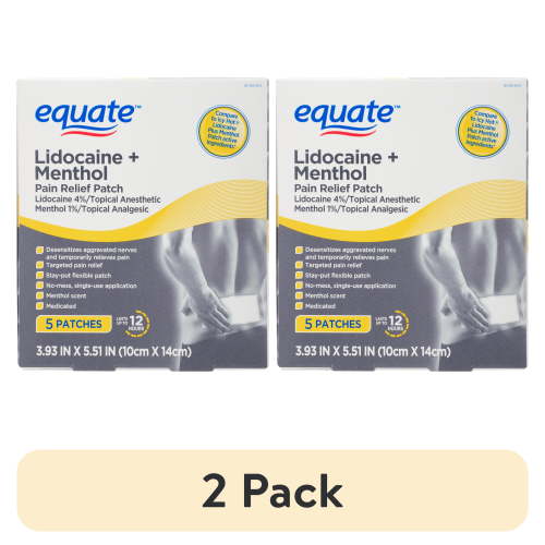 (2 pack) Equate Lidocaine + Menthol Pain Relief Patch 4% Lidocaine 1% Menthol, 5 Count, Compare To Icy Hot® Lidocaine Plus Menthol Patch Active Ingredients