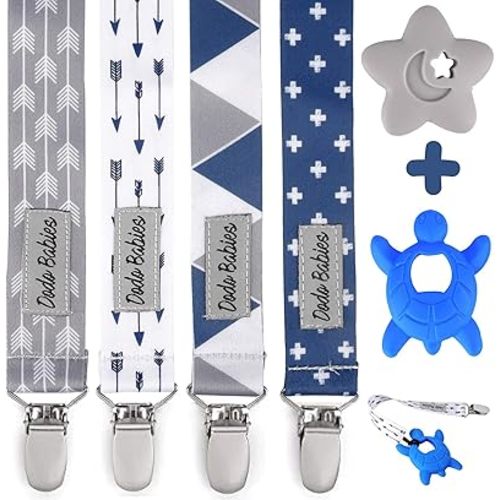 Dodo Babies Pacifier Clip & Teether Toy Set - Universal Pacifier Holder Loop - Silicone Teethers for Baby Teething Toys - 6 Piece Set, Blue & Gray