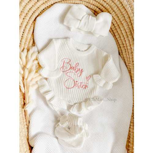 newborn girl coming home outfit, little sister embroidered romper, baby sister knit, sibling sweater gender reveal, pregnancy announcement