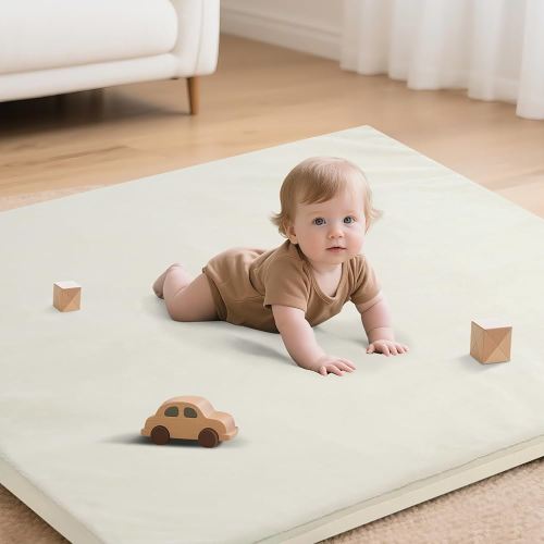Baby Play Mat for Floor,1.3"Thick Padded Foam 50x50 playpen mat, Soft Velvet&Non-Slip Leather,Removable&Washable Cover,Nursery Rug for Baby Crawling,Toddlers,Infants,kids,Yoga,Tatami,Beige