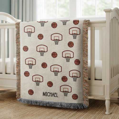 Personalized Name Basketball Baby Blanket: Sports Nursery Decor Woven Throw Tapestry, Game Day BBall Mom, Baby Shower Crib Bedding