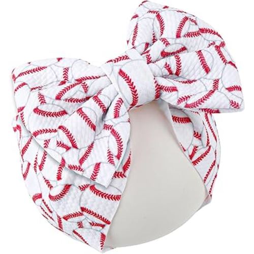 BOXOB Baseball Bow Headband Baby, High Stretchy Soft Nylon Headbands in Red & White Game Sport Event Hair Accessories for Girls and Infants