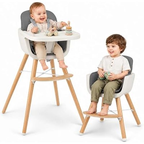 HONEY JOY Baby High Chair, 6-in-1 Eat & Grow Wooden Highchair/Toddler Chair with Removable Tray, 5-Point Harness, PU Cushion and Footrest, Convertible High Chair for Babies and Toddlers(Dark Gray)
