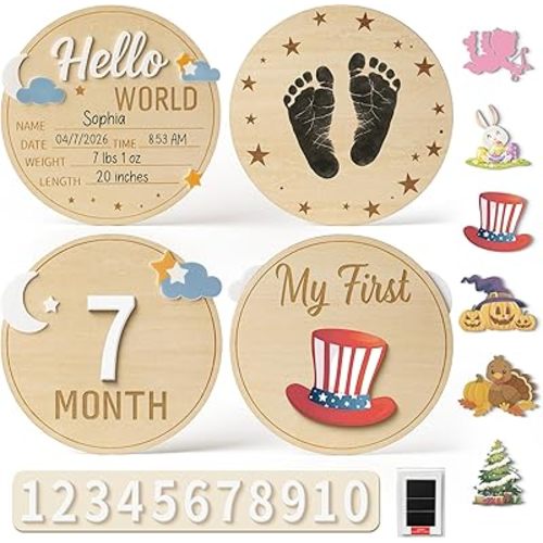 Hello World Newborn Sign, Wooden Baby Announcement Sign, 2PK Double-Sided Newborn Monthly Milestone Signs with 3D Acrylic Design, Footprint Ink Pad