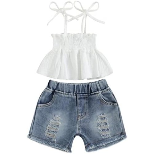 Mubineo Toddler Baby Girl Summer Clothes Denim Outfits Jeans Shorts Sleeveless Tops Ripped Shorts Set Outfit