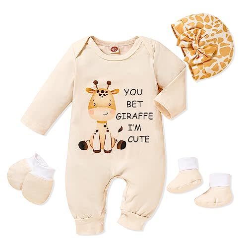 Sinhoon Newborn Baby Girl Romper Infant Letter Print Bodysuit Jumpsuit+Hat+Gloves+Socks 4Pcs Coming Home Clothes Outfit