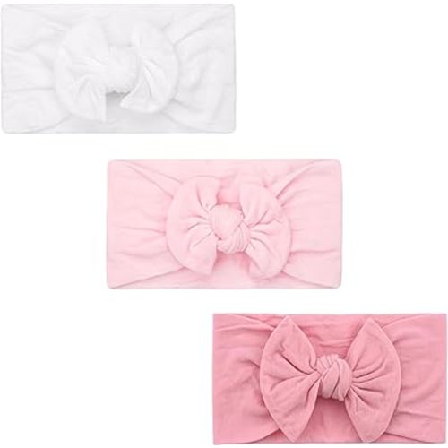 JOYOYO 3 Colors Soft Wide Turban Baby Headbands with 4.5 inches Hair Bow Headbands for Baby Girls Infants Newborn Hair Accessories Toddlers Kids and Children(White Pink Pink)