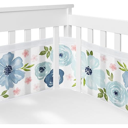 Sweet Jojo Designs + BreathableBaby 2-Piece Breathable Mesh Crib Liner Set (Pink/Blue Boho Floral) for Girls, Baby, Infants/Newborn Nursery (Bohemian, Farmhouse, Shabby Chic, Watercolor Rose, Elegant)