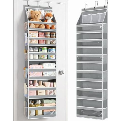 Yecaye 7 Tier Over the Door Organizer, Large Capacity Door Organizer Hanging with Clear PVC Windows, Grey