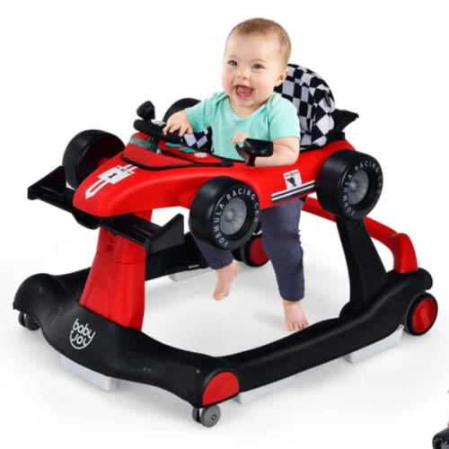 BABY JOY 4-in-1 Baby Walker, Foldable Activity Car Baby Walker w/3 Adjustable Height, Comfy & Washable Seat Cushion, Anti-Slip Pads, Rolling Toy Car for Babies w/Music, Lights, Steering Wheel (Red)