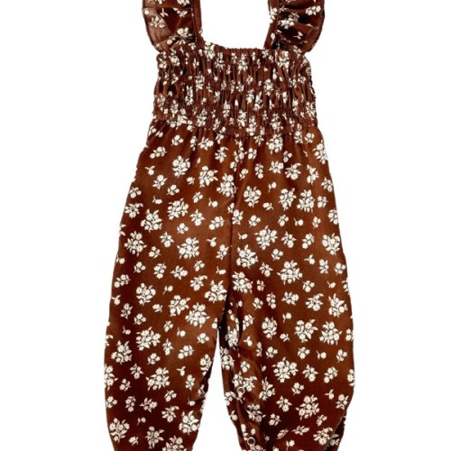 Paisley Smocked Ruffle Jumpsuit - Brown Floral - Bailey's Blossoms