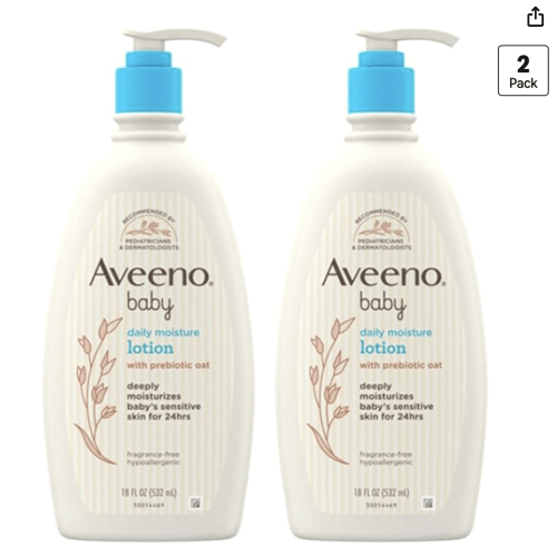 Aveeno Baby Daily Moisture Body Lotion for Sensitive Skin, Hypoallergenic Moisturizing Baby Lotion with Nourishing Oat to Deeply Moisturize Baby's Skin, Fragrance-Free, 18 fl. oz, 2 Pack