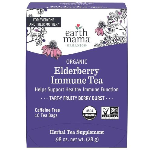 Earth Mama Organic Elderberry Immune Support Tea with Echinacea | Safe for Pregnancy, Breastfeeding, Postpartum, Kids and Family Essentials, Decaf Tea with Ginger & Rooibos, 16-Count