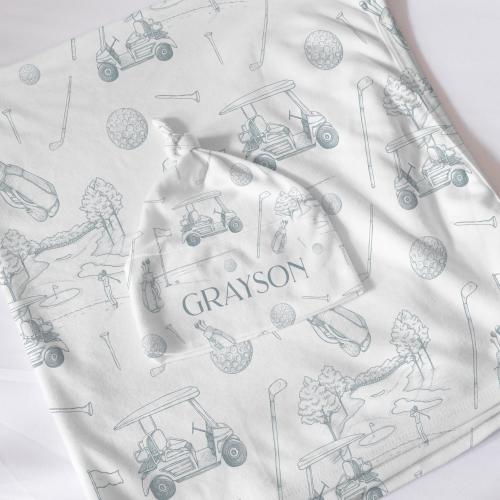 Newborn Swaddle and Hat Golf Theme Birth Announcement Personalized Swaddle Name Boy Hospital Outfit Matching Custom Baby Swaddle Set Golf