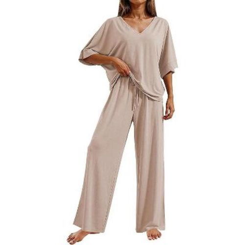 Ekouaer Pajama Sets for Women 2 Piece Lounge Set Short Sleeve Tops and Long Pants Soft Comfy Pjs Sleepwear Outfits Brown S