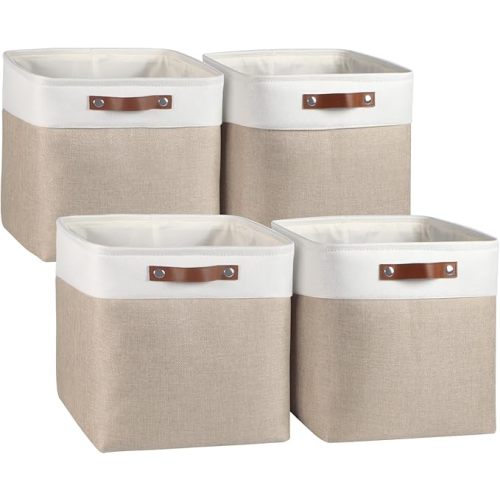 Univivi 4PC Small Fabric Storage Bins,15x6x5 inch Long Narrow Storage Baskets with PU Handles for Closet,Cabinet,Countertop Organizing Small Items,Khaki