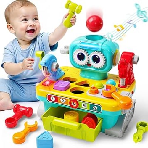 iPlay, iLearn Toddler Musical Workbench Toys for One Year Old Boys, Baby Pretend Play Tool Set, Infant Shape Sorter Activities, Kids Pounding Game, 1st Birthday Gift for 12 18 24 Month Girls Age 1 2 3