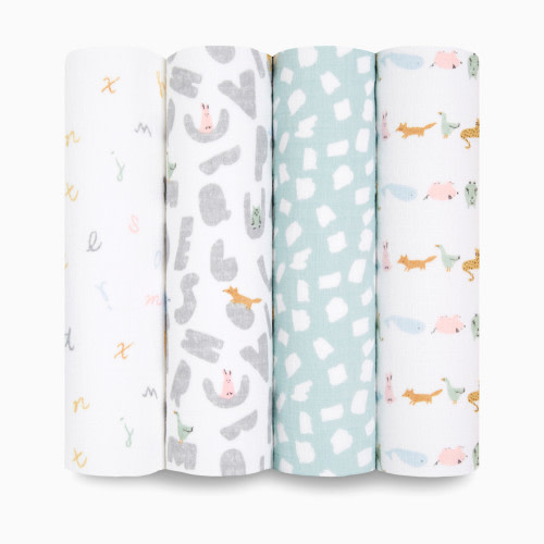 Essentials Cotton Muslin Swaddles (4 Pack) - Alphabet Animals