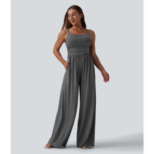 Women’s Adjustable Straps Ruched Wide Leg Heathered Casual Jumpsuit with Pockets-Easy Peezy - Halara