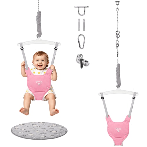 Baby Jumper, Baby Bouncer with for Infant & Toddlers, Baby Jumper Doorway Indoor/Outdoor, Adjustable Height, Pink