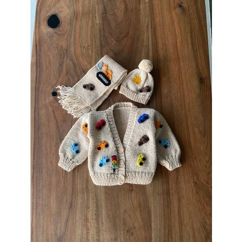 Beige Knitted Baby Boy Cardigan, Hat & Scarf Set Of 3| Cool Style Handmade Toddler Party Apparel| Button Cardigan Aesthetic Birthday Gift