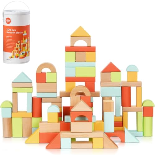 100 Pcs Building Blocks for Toddlers 1-3, Kids Wooden Blocks & Shape Sorter | Bucket for Easy Storage - Montessori Toys for 1 2 3 Year Old, Learning Toys for Preschool Girls and Boys