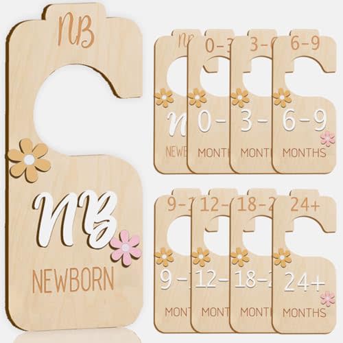 eoscasely Baby Closet Divider - 3D Double-Sided Wooden Baby Wardrobe Baby Closet Organizer,Daisy design Nursery Decor Clothes Hanger Dividers for Sorting 8 Sizes from Newborn to 24+ Months
