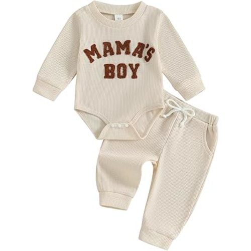 MERSARIPHY Newborn Baby Boy Fall Winter Clothes Mama's Boy Little Dude Outfit Embroidery Waffle Knit Romper Pants Sets