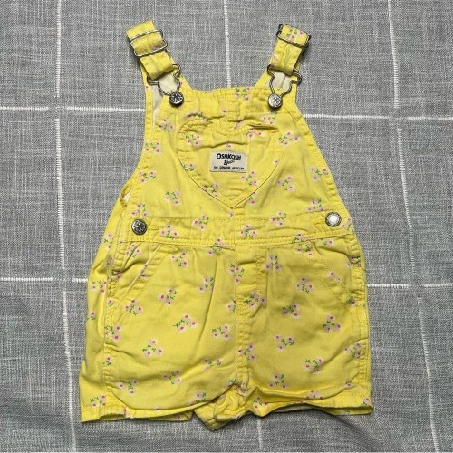 OshKosh BGosh Yellow Shortalls 18 Months Overalls Floral Heart Pocket