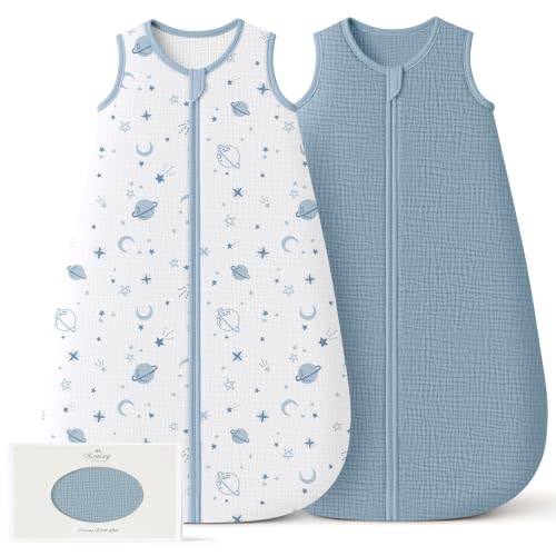 Konssy Muslin Baby Sleep Sack 0-6 Months, 0.8 TOG Baby Wearable Blanket | 2 Pack, Two-Way Zipper, 100% Cotton, Soft & Breathable Sleeping Sack, Infants and Toddlers Nursery Essentials (Star,Blue)