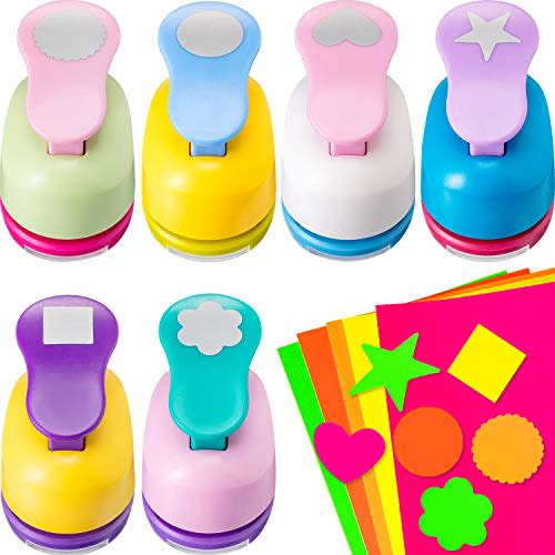 CHENGU Hole Punches 6 Shapes with Cardstock for Kids,Multiple Styles,1 Inch | Paper Punchers Ideal for Scrapbooking Card Making, Star Heart Circle Flower Shapes, Safe Design, Classroom Craft Supplies