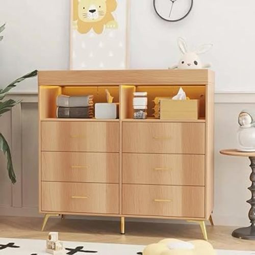 Changing Table Dresser with Drawers, Baby Dresser with Changing Table Top, Power Outlet, LED Light & Metal Feet, Diaper Changing Station Nursery Organizer for Infants Newborn (Natural)