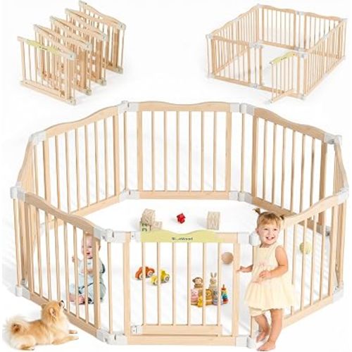Foldable Wooden Playpen, Natural Pine, 55 x 55 x 24 inches